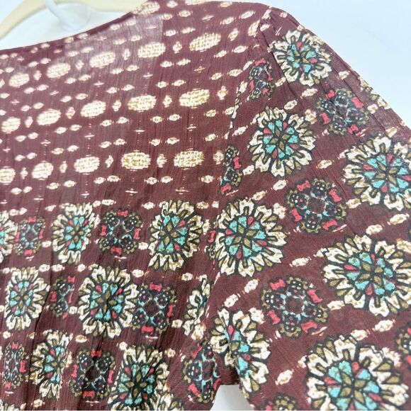 Patrons of Peace Brown Burgundy Medallion Floral Autumn Boho Mini Wrap Dress NEW - Picture 9 of 16